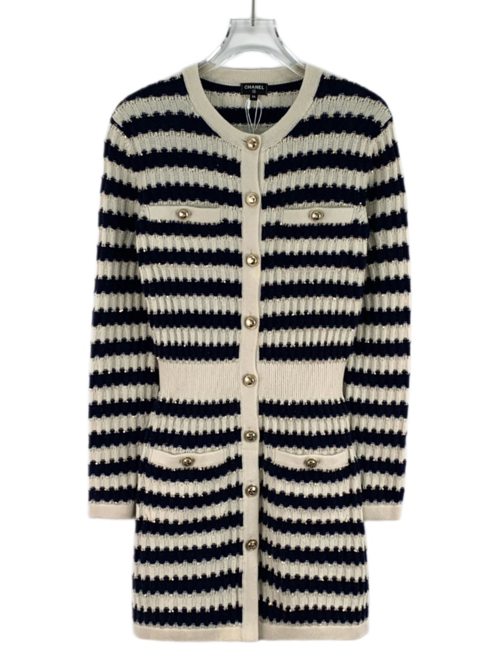 Chanel Striped Cashmere Crew-Neck Single-Breasted Long-Sleeve Knit Dress